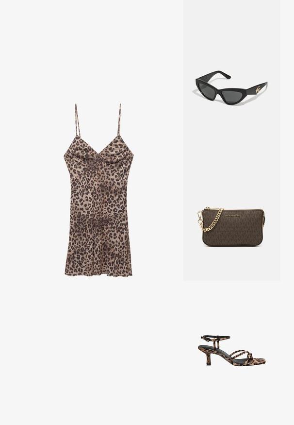 Robe à imprimé léopard en tissu lisse, avec des bretelles fines, un décolleté en V et un ourlet évasé qui tombe au-dessus du genou.; Sandales à talons imprimées léopard avec un bout carré, plusieurs brides et un talon de hauteur intermédiaire. Fabriquées en matériau textile doux.; Lunettes de soleil en œil de chat avec une monture en plastique noir mat, des verres foncés et un accent en or avec le logo sur la branche. Design angulaire et texture lisse.; Sac en cuir brun à bandoulière avec motif logo, bandoulière en chaîne dorée, fermeture éclair et accents de quincaillerie dorée. Forme compacte et rectangulaire.