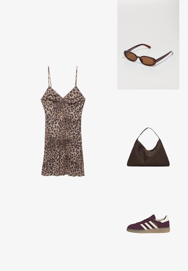 Løveprint kjole lavet af glat stof, med tynde stropper, en v-udskæring og en svajet kant, der falder over knæet.; Maroonsuede sneakers med hvide tre striber og beige accenter. Har en tekstureret gummisål og gyldent branding på siden.; Runde, bruntonede solbriller med en glansfuld bordeauxramme. Slanke arme med diskret brandingdetalje. Flad linsedesign.; Brun vævet læderhandbag med en slasket, trekantet form. Har et flettet håndtag og en lynlåslukning langs toppen.