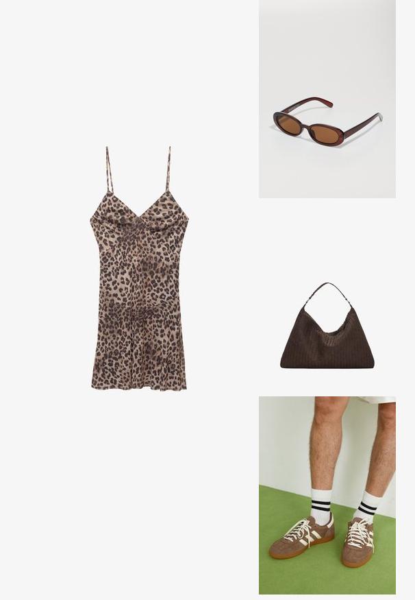 Leopardi-kuosiset mekko, joka on valmistettu sileästä kankaasta, jossa on ohuet hihnat, v-pääntie ja liehuva helma, joka ulottuu polven ylle.; Ruske nahkate sneakerit valkoisilla korostuksilla ja nauhoilla. Kumi-gumipohja. Yhdistetty valkoisiin sukkiin, joissa on mustia raitoja. Vihreä teksturoitu lattia.; Pyöreät, ruskehtavat aurinkolasit, joissa on kiiltävä burgundinpunainen runko. Kapeat sivut, joissa on hienovarainen brändäys. Litteät linssit.; Ruskean kudottu nahkainen käsilaukku, jolla on löysä, kolmiomainen muoto. Varustettu punotulla kahvalla ja vetoketjukiinnityksellä ylhäällä.