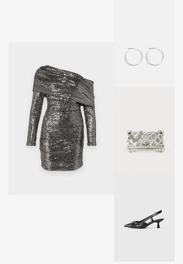 Paljetterklänning med off-shoulder-halsringning, långa ärmar och figursydd silhuett. Tillverkad av metallisk tyg i silvriga toner.; Svart lädersko med slingback-design, spetsig tå, dekorativa remmar med metallöglor och en låg klack. Texturerad yta.; Silverfärgad metallisk handväska med kedjehandtag, quiltad textur, dekorativ sömnad och dragkedjestängning. Har prägling på framsidan.; Silver hoopörhängen har en slät, rund design med en tunn profil och säker låsning. Minimalistisk stil med en polerad yta.
