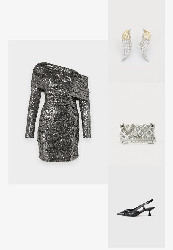 Sädelev kleit, millel on õlgade avatud kaelus, pikad varrukad ja kellukujuline siluett. Valmistatud metallilisest kangast hõbedastes toonides.; Must must have must toote tõmblukuga, dekoratiivsed rihmad metallist silmadega ja madal blokk-kand. Tekstureeritud pind.; Hõbedane metallist käekott ahelakäepidemega, koos tepitud tekstuuri, dekoratiivse õmbluse ja lukuga. Esiküljel on embosseeritud aktsendid.; Kaks tiivakujulist kõrvaehte, mis on valmistatud hõbedatooni metallist, millel on selged ümarad kristallid ja kuldtooni metallikattega kihiline disain.
