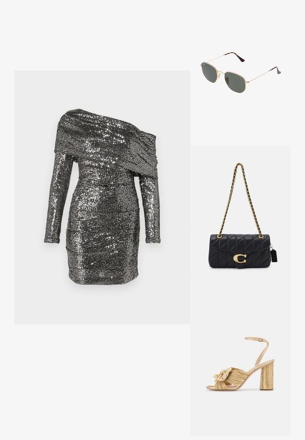 Vestido com lantejoulas apresentando um decote ombro a ombro, mangas longas e uma silhueta ajustada. Feito de tecido metálico em tons de prata.; Sandálias douradas de salto alto com um nó na frente, textura plissada e tiras no tornozelo. O salto quadrado tem um design estriado, aumentando a aderência.; Óculos de sol de armação dourada com lentes verde-escuras, estilo aviador, apresentando hastes finas e detalhes em tartaruga nas pontas.; Mala acolchoada preta com uma alça de corrente dourada, apresentando um fecho dourado distinto e uma pequena etiqueta, exibindo uma superfície de couro texturizada.