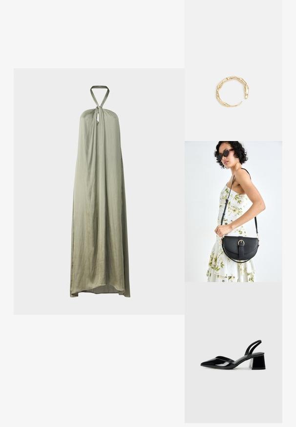 Pikk halterkleit helesalviarohelises kangas. Omab kaela juures sõlme ja voolavat, minimalismi stiilis disaini. Pehme tekstuur ja sile viimistlus.; Mustad musta lakknahk kingad, millel on terav varvas ja geomeetriline plokkkonts. Omab elegantselt minimalistlikku disaini ja sujuvat tekstuuri.; Mustmust mustraha kõverate joontega, eemaldatava rihmaga ja kuldsete detailidega. Kotil on klapp, millel on pandladetail.; Kuldtoonis sõrmus, millel on orgaaniline, keerdunud disain sileda tekstuuri ja kitsenevate otstega, luues kaasaegse skulptuurilise välimuse.