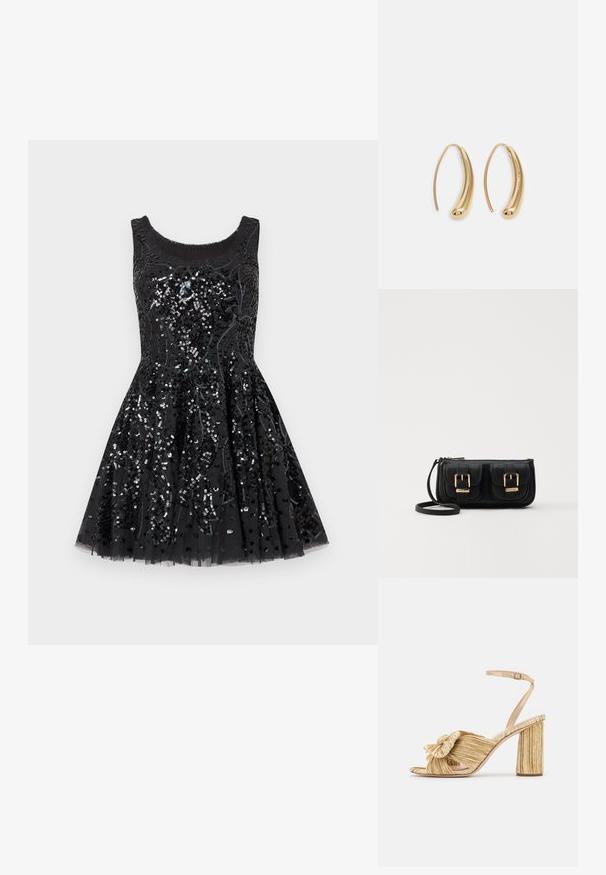 Schwarzes ärmelloses Cocktailkleid mit ausgestellt Rock, verziert mit filigranen schwarzen und silbernen Pailletten in floralen Mustern.; Goldene Sandalen mit Absatz und geknoteter Vorderseite,„plissierter“ Textur und Knöchelriemen. Der Blockabsatz hat ein gerippte Design, das den Halt verbessert.; Schwarze Leder-Umhängetasche mit zwei vorderen Taschen, goldenen Schnallen, Reißverschluss und einem schmalen Tragegurt. Texturierte Oberfläche und kompakte rechteckige Form.; Goldfarbene Metall-Hoops mit einer geschwungenen, länglichen Form. Sie verfügen über eine glatte, glänzende Oberfläche und eine abgerundete Spitze für zusätzliche Details.