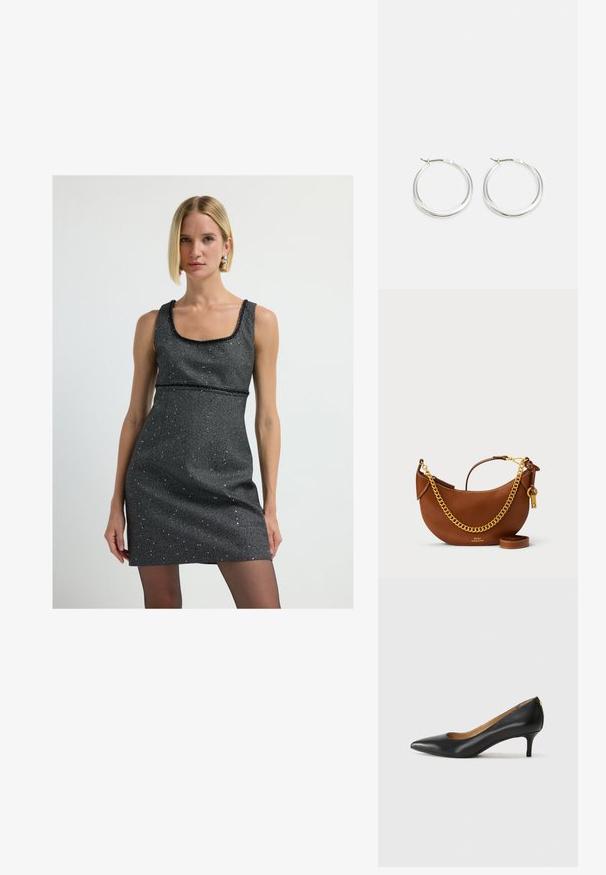 Srebrna mini sukienka z cekinami z kwadratowym dekoltem, bez rękawów i dopasowanym krojem, o gładkiej fakturze i subtelnym połysku.; Czarne skórzane szpilki z wąskim noskiem, niskim obcasem i gładką fakturą. Posiadają lekko otwarte przody i minimalne okucia z tyłu.; Brązowa skórzana torebka o zaokrąglonym kształcie, z złotym łańcuszkiem, wewnętrzną kieszenią oraz odczepianym paskiem na ramię. Posiada kontrastowe przeszycia.; Srebrne kolczyki w formie kół mają gładki, zaokrąglony design z cienkim profilem i bezpiecznym zapięciem. Minimalistyczny styl z polerowanym wykończeniem.