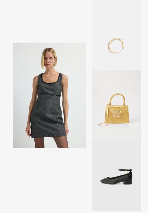 Hopealuinen paljetti-mini mekko, jossa on neliönmuotoinen pääntie, olkaimeton muotoilu ja kroppia myötäilevä siluetti. Mekossa on sileä tekstuuri ja hienovarainen kiilto.; Mustat nahkakengät, joissa on terävä kärki ja matala lohkare korko. Varustettu nilkkahihnalla, jossa on kultasävyinen solki. Lisää sileä pinta.; Keltainen keinonahkainen krokotiililaukku, jossa on jämäkkä muotoilu, yläkahva, irrotettava ketjusanka ja koristeellinen kristallikoristelu lukossa.; Kultaketju, jossa on orgaaninen, kierretty muotoilu, sileä pinta ja cappatut päät, luoden modernin, veistoksellisen ilmeen.