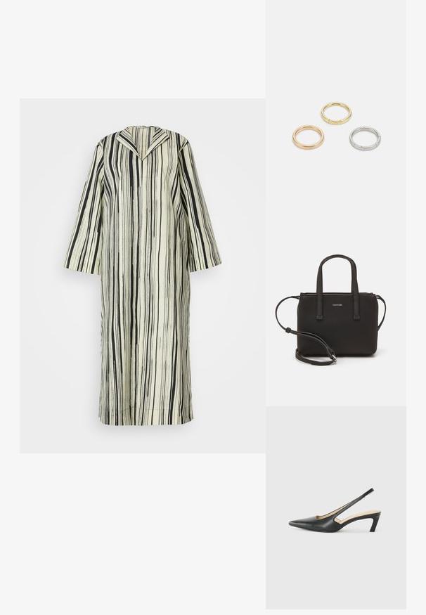 Prugasta dolga bunda v črni in kremni barvi. Ima odprti ovratnik in široke rokave, izdelana iz gladkega, teksturiranega blaga z navpičnimi črtami.; Črne čevlje s koničastimi nosovi in slingback obliko z nizko peto, izdelane iz gladke usnjene materiale ter s črtasto zasnovo na strani za prezračevanje.; Črna torbica z dvema kratkima ročajema in odstranljivim naramnim trakom. Gladek usnju podoben material z zadrgo in podrobnostmi z logotipom.; Trije kovinski prstani: eden rožnato zlati, eden zlat z teksturiranimi detajli in eden srebrn, vsi z vgraviranim logotipom na notranji strani.