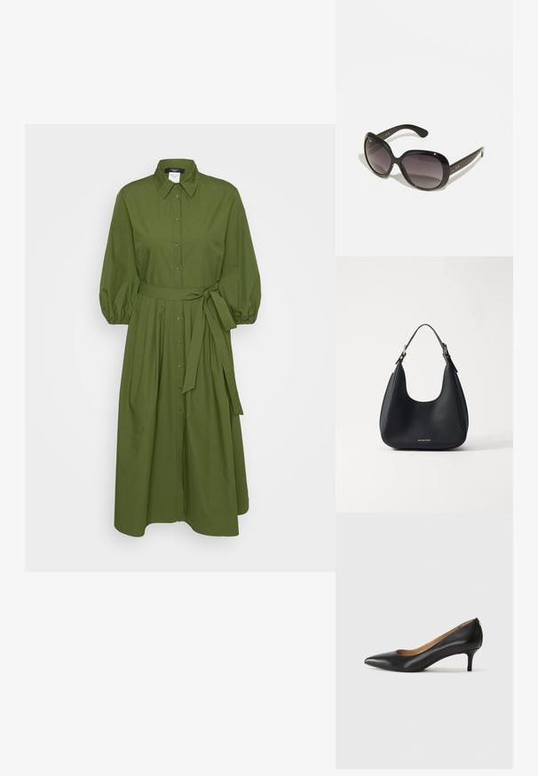 Rochie din bumbac verde, cu mâneci lungi și bufante, cu deschidere pe toată lungimea și cordon în talie. Are guler și un design fluid al fustei.; Pantofii din piele neagră au vârful ascuțit, toc mic și o textură netedă. Au o deschidere ușoară în față și un hardware minim în spate.; Ochelari de soare negri cu rame supradimensionate și rotunjite. Lentilele au un gradient de la întunecat la deschis. Prezintă un finisaj elegant, lucios și accente subtile ale logo-ului pe brate.; Geantă de umăr din piele neagră cu o suprafață texturată, formă ovală largă și accente din hardware aurit. Logo-ul este așezat pe partea din față, în partea de jos.