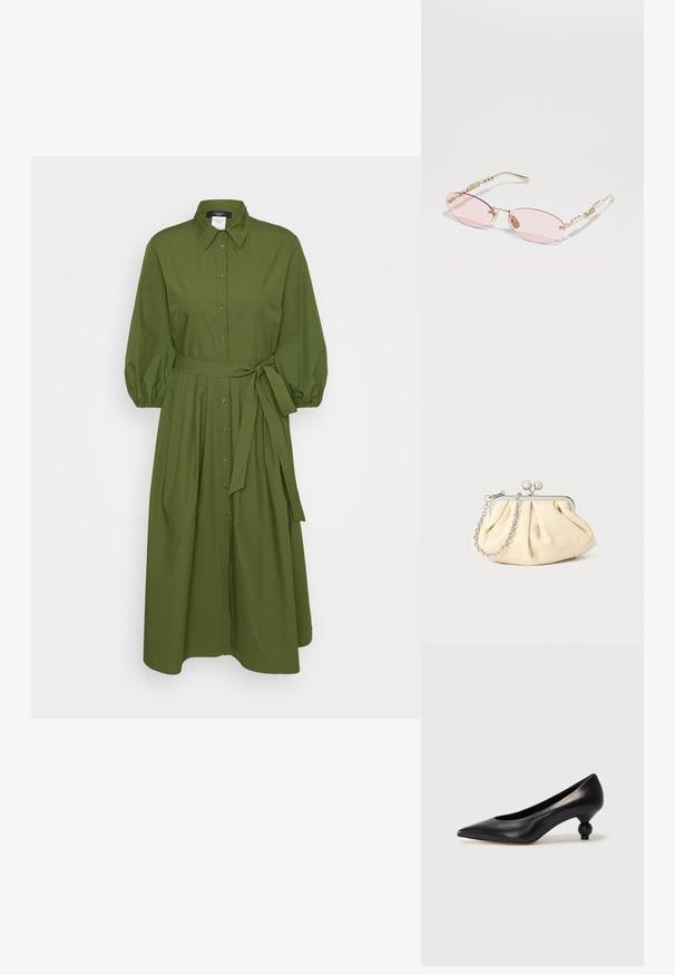 Grünes Baumwollhemdkleid mit langen Puffärmeln, Knopfleiste und Taillenknoten. Mit Kragen und einem fließenden Rockdesign.; Schwarze Leder-Pumps mit spitzem Zehenbereich und runder, ballförmiger Ferse. Glatte Textur mit einem eleganten, minimalistischen Design.; Gucci Sonnenbrille - gold-coloured/pink; Faltige beigefarbene Ledertasche mit einem silbernen Metallrahmen, ausgestattet mit zwei runden dekorativen Verschlüssen und einem silbernen Kettenriemen.