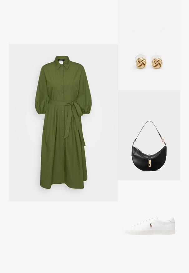 Zaļš kokvilnas krekls kleita ar garām pūkainām piedurknēm, pogu priekšpusi un jostu viduklim. Tam ir apkakles kakls un plūstoša svārku dizains.; Baltas ādas sporta apavi, zema dizaina, ar gludu tekstūru, noapaļotu purngalu, ar auklēm priekšpusē un nelielu izšūtu logotipu sānos.; Melnas ādas rokas soma pusmēness formas. Iezīmē zelta metāla akcentus un šauru siksniņu. Gluda tekstūra, rāvējslēdzēja aizdare augšpusē.; Zeltītu mezgla auskari ar vērptu dizainu. Katrs auskaru pāris ir aprīkots ar apaļu caurspīdīgu atbalstu drošai nēsāšanai.