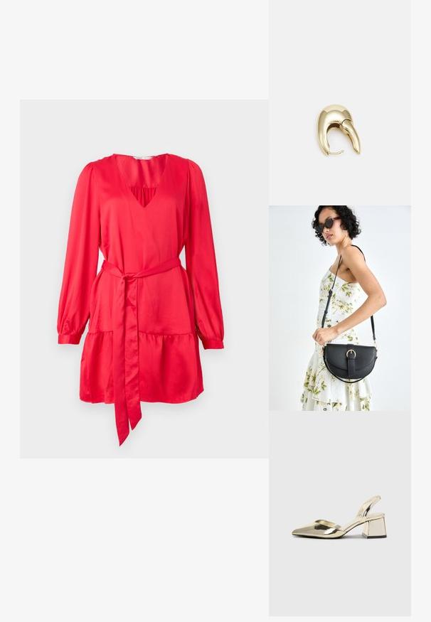 Piros ruha hosszú ujjakkal, mély V-nyakkivágással és övvel ellátott, hangsúlyozott derekú. Simaságával kiemelkedő anyagból készült, lépcsős alsó résszel és hozzá illő övvel.; Arany, fémből készült slingback sarkú cipők hegyes orral és vastag sarokkal. Simaság, minimalista design és keskeny pánt jellemzi.; Fekete bőrtáska ívelt formával, levehető pánttal és arany színű fémrészekkel. A táskán egy csattal díszített fedél található.; Aranyszínű fém fülbevaló, elegáns, ívelt formával. Különleges hegyes alak, fényes felszín és zsanéros záródás jellemzi.