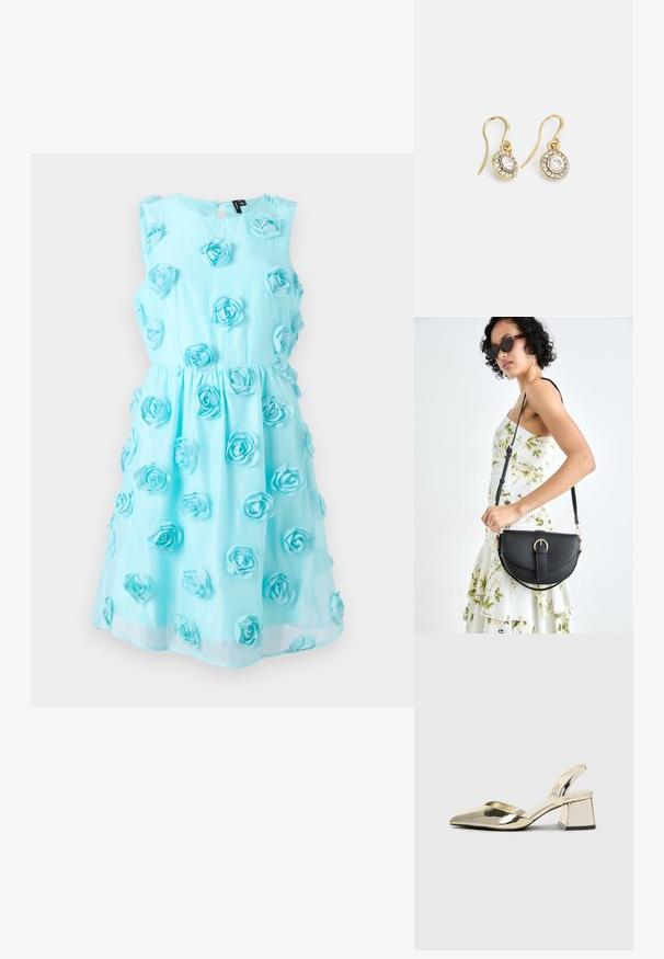 Svetlo modra obleka brez rokavov, s teksturirano tkanino in 3D aplikacijami v obliki vrtnic, nagubanim pasom in podrobnostmi v obliki ključavnice na hrbtni strani.; Zlati, kovinski slingback čeveljci z ostrim nosom in masivnim peto. Gladka tekstura, minimalistična zasnova in ozka zanka.; Črna usnjena torbica s ukrivljeno obliko, z odstranljivo naramnico in zlatimi dodatki. Torbica ima pokrov s podrobnostmi v obliki zaponke.; Zlato obarvani uhani z ovalnimi prozornimi kristali, ki jih obdajajo manjši prozorni kamenčki, s sistemom za oblačenje za varno nošenje.