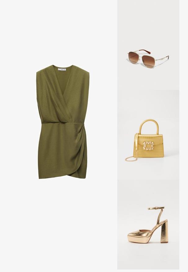 Olivno zeleni top brez rokavov z ovitim dizajnom, rahlo teksturiran in z drapingom spredaj, kar ustvarja prilegajoč silhueto.; Zlate metalne platforme s peto, z ostrim nosom, trakico okoli gležnja in blok peto. Eleganten dizajn s svilnato, sijočo teksturo.; Sončna očala z zlato kovinsko okvirjem in prehodnimi rjavimi lečami. Imajo edinstveno geometrijsko obliko in rjave detajle na ročajih. Lahka zasnova.; Rumeno usnjeno-usnje z vzorcem krokodila, s strukturiranim dizajnom, zgornjo ročajem, snemljivo verižico in dekorativnim kristalnim okrasjem na zaponki.