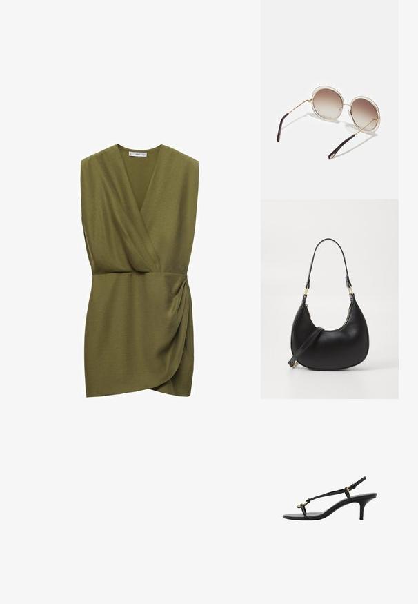 Olivovo zelený top bez rukávov s prekrývajúcim dizajnom, jemnou textúrou a predným prekladaním, vytvárajúci priliehavý siluetu.; Čierne kožené sandále na malom podpätku s tenkými pásikmi, zlatou prackou a minimalistickým prstovým pásikom na bielom pozadí.; CHLOÉ CARLINA OVERSIZED ROUND METAL SUNGLASSES - Slnečné okuliare - gold-coloured/brown; Čierna kožená kabelka s zakriveným tvarom, ktorá má zips na vrchu, krátku rukoväť a odnímateľný popruh na kríž. So zlatými kovovými doplnkami.