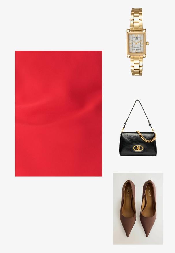 Rote Stoff mit einer glatten Textur, der subtile Falten aufweist und ein gleichmäßiges mattes Finish hat. Keine Muster oder Akzente sind sichtbar.; Braune satinierte spitze Absatzschuhe mit glatter Textur, ausgestattet mit einem niedrig ausgeschnittenen Schaft und subtiler Markenkennzeichnung auf der Innensohle. Größe 6½ (40).; Schwarze Ledertasche mit gekräuselter Textur, goldfarbener Kettenakzent und einem auffälligen goldenen Verschluss mit ovalem Logo. Verstellbarer Schulterriemen.; Goldfarbene rechteckige Armbanduhr mit Zifferblatt in Weiß, silbernen Stundenmarkierungen und einem strapazierfähigen Metallarmband. Wasserfest.