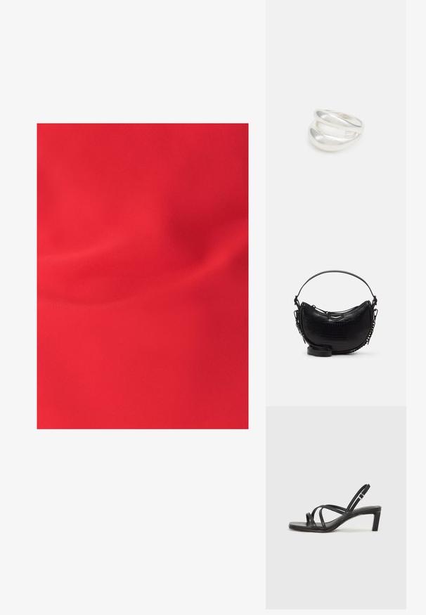 Czerwona tkanina o gładkiej teksturze, prezentująca subtelne fałdy i jednolite matowe wykończenie. Brak widocznych wzorów lub akcentów.; Czarne sandały na obcasie z prostokątnym noskiem i niskim słupkowym obcasem. Posiadają wiele cienkich pasków i regulowany pasek na kostkę. Wykonane z gładkiej skóry.; Czarna torebka ze skóry lakowanej z wytłoczonym wzorem w krokodyl, o zakrzywionym kształcie, z odpinanym paskiem na ramię oraz eleganckim metalowym akcentem z przodu.; Srebrna obrączka podwójna z gładką, polerowaną powierzchnią. Posiada płynny, zakrzywiony kształt z nakładającymi się sekcjami, co nadaje nowoczesny wygląd.