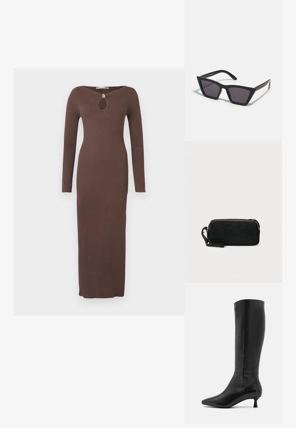 Langes, geripptes braunes Kleid mit Schlitz am Ausschnitt, langen Ärmeln und seitlichen Schlitzen. Hergestellt aus einem strukturierten Stoff, figurbetonte Silhouette.; Zign Stiefel - black; Schwarze, eckige Sonnenbrille mit grauen Gläsern; aus Kunststoff gefertigt, mit dicken Bügeln, die eine glatte Oberfläche und keine sichtbaren Beschläge haben.; Schwarze Wildleder-Clutch mit einem Reißverschluss und abnehmbarem Handgelenkband. Verfügt über goldfarbene Hardware und eine glatte, matte Oberfläche.