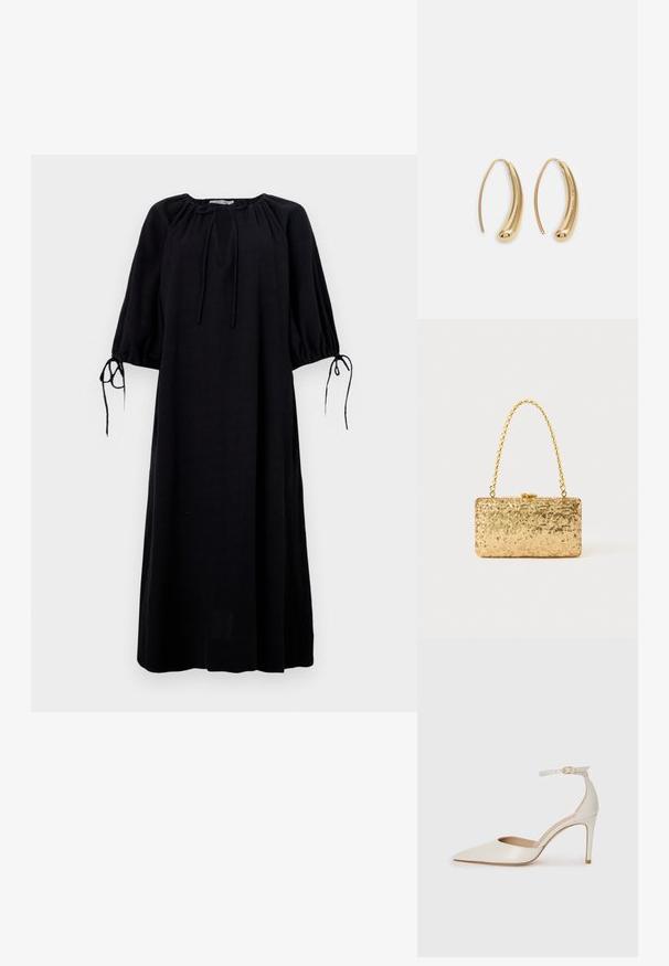 Černé volné šaty s kulatým výstřihem, nařasenými rukávy a detaily na zavazování na manžetách. Vyrobené z lehké tkaniny. Jednobarevné.; Bílé kožené lodičky na vysokém podpatku s špičatou špičkou, kotníkovým páskem a štíhlým jehlovým podpatkem. Hladká textura s mírným lesklým povrchem.; Zlatá flitrová kabelka ve tvaru obdélníku, s propleteným řetízkovým uchem a kovovým zapínáním, odrážející světlo s texturovaným povrchem.; Náušnice ve tvaru kruhu z pozlaceného kovu s vroubkovaným, prodlouženým tvarem. Mají hladký, lesklý povrch a zaoblený konec pro zvýraznění detailu.