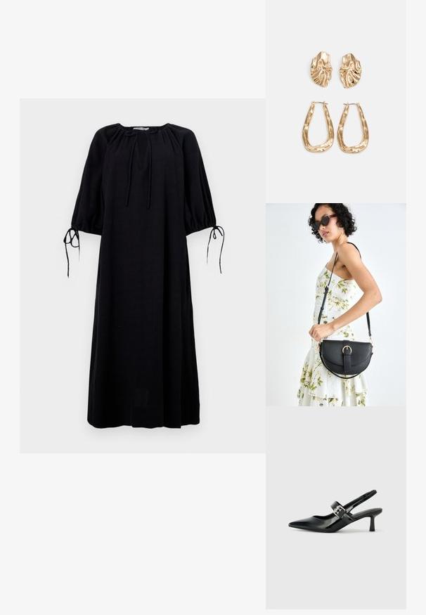 Fekete, laza szabású ruha kerek nyakkivágással, redőzött ujjakkal és megkötős részletekkel a mandzsettán. Könnyű anyagból készült. Egyszínű.; Fekete lakkbőr slingback sarkú cipők hegyes orral és kis blokk talppal, ezüst csat díszítéssel a pánton.; Fekete bőrtáska ívelt formával, levehető pánttal és arany színű fémrészekkel. A táskán egy csattal díszített fedél található.; Aranyszínű fülbevalók, texturált, hullámos formákkal. Tartalmazza a szobrászati klipszes studokat és az open hoop kialakítást, kalapácsos felülettel.