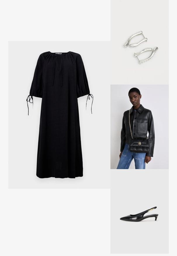 Fekete, laza szabású ruha kerek nyakkivágással, redőzött ujjakkal és megkötős részletekkel a mandzsettán. Könnyű anyagból készült. Egyszínű.; Fekete bőr slingback magassarkúk, hegyes orral, vékony sarkakkal és arany színű részlettel a állítható pánton. Simа felület.; Fekete bőrkabát gombos záródással és két elülső zsebbel, fekete steppelt kézitáskával párosítva, amely arany csattal és lánc pánttal rendelkezik.; Ezüst fém fülbevalók hullámszerű formával, sima ívekkel és textúrált széllel. A fém részletek közeli képe látható.