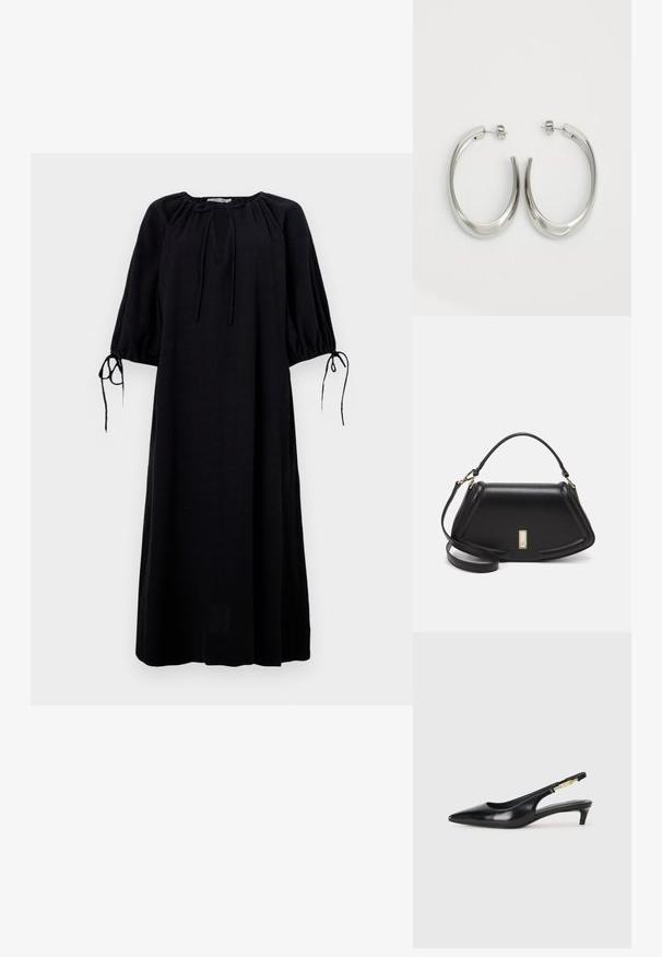 Rochie neagră, cu o croială largă, decolteu rotund, mâneci bufante și detalii cu fundițe la manșete. Fabricată dintr-un material ușor. Culoare uniformă.; Sandale slingback din piele neagră cu vârf ascuțit, având un toc subțire și un accent de culoare aurie pe curea ajustabilă. Textură netedă.; Geantă de umăr din piele neagră, cu un design structurat, având o formă tăiată, mânere superioare și accente din aur. Include o curea de umăr ajustabilă.; Cercei din argint, cu un design neted și curbat. Prezintă o finisare metalică strălucitoare și închidere cu stud. Fără modele sau accente vizibile.