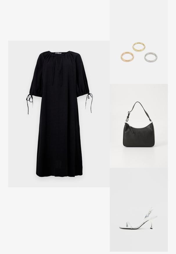 Črna, ohlapna obleka z okroglo izrezom, z nabranimi rokavi in detajli za vezanje na zapestjih. Narejena iz lahkotnega materiala. Enobarvna.; Srebrna patentna usnjena sandala na visoki peti s ozkim pasom za prste, nastavljivim zaponcem in vitkim petami.; Črna usnjena torba za roke s ukrivljenim oblikom, enim trakom, zadrgo in diskretnim blagovnim znamkom na sprednjem delu. Gladka tekstura, minimalističen dizajn.; Trije kovinski prstani: eden rožnato zlati, eden zlat z teksturiranimi detajli in eden srebrn, vsi z vgraviranim logotipom na notranji strani.