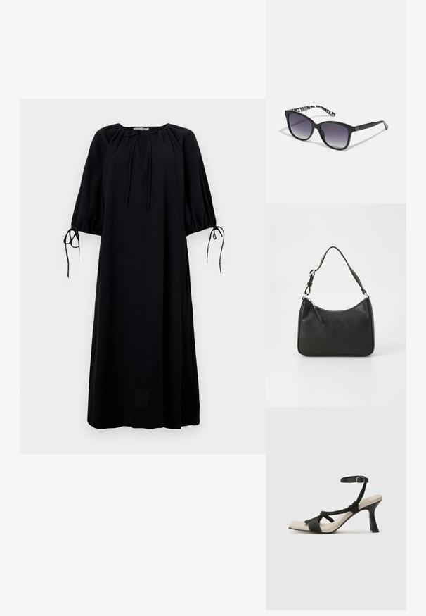 Svart, løs passform kjole med rund hals, elastiske ermer og knytedetaljer ved mansjettene. Laget av lett stoff. Ensfarget.; Sorte helårs sandaler med flettet stroppesdesign, firkantet tå og justerbar ankelrem. Lys beige fotseng med glanset svart hæl.; Sorte solbriller med gradientlinser, firkantet form og en strukturert svart-hvitt mønstrede stang. Har en sølvfarget logoaksent.; Svart lærveske med en buet form, en enkelt stropp, glidelåslukking og subtil merkevarebygging på forsiden. Glatt tekstur, minimalistisk design.