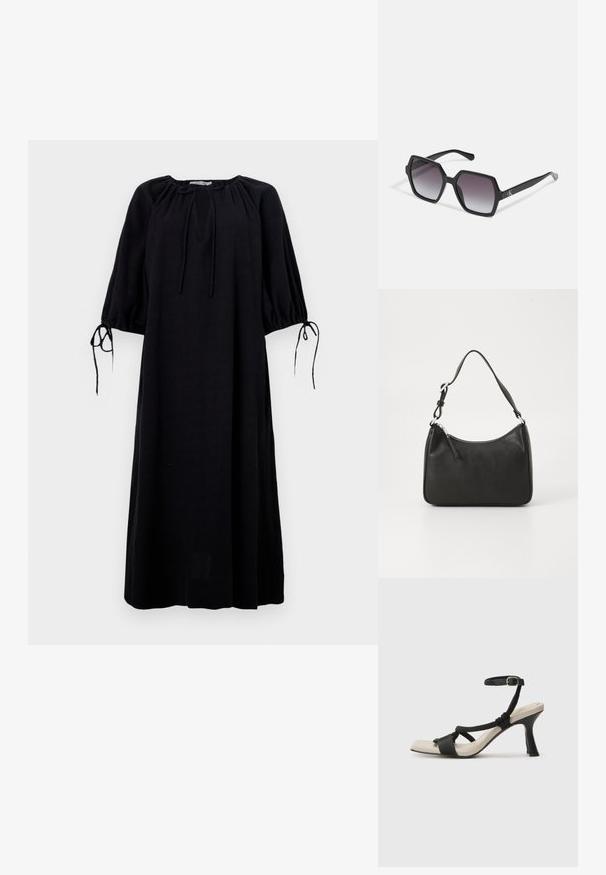 Čierne, voľné šaty s okrúhlym výstrihom, zGathered rukávmi a šnurovaním na manžetách. Vyrobené z ľahkej tkaniny. Jednofarebné.; Čierne sandále na podpätku s pleteným pásikom, štvorcovou špičkou a nastaviteľným remienkom okolo členka. Svetlobéžová stielka s lesklým čiernym podpätkom.; Čierne hexagonálne slnečné okuliare s gradientovými šošovkami, majú lesklý povrch a diskrétne logo na stranici. Vyrobené z odolného plastu.; Čierna kožená kabelka s oblým tvarom, jediným popruhom, zipsom a nenápadným logom na prednej strane. Hladká textúra, minimalistický dizajn.