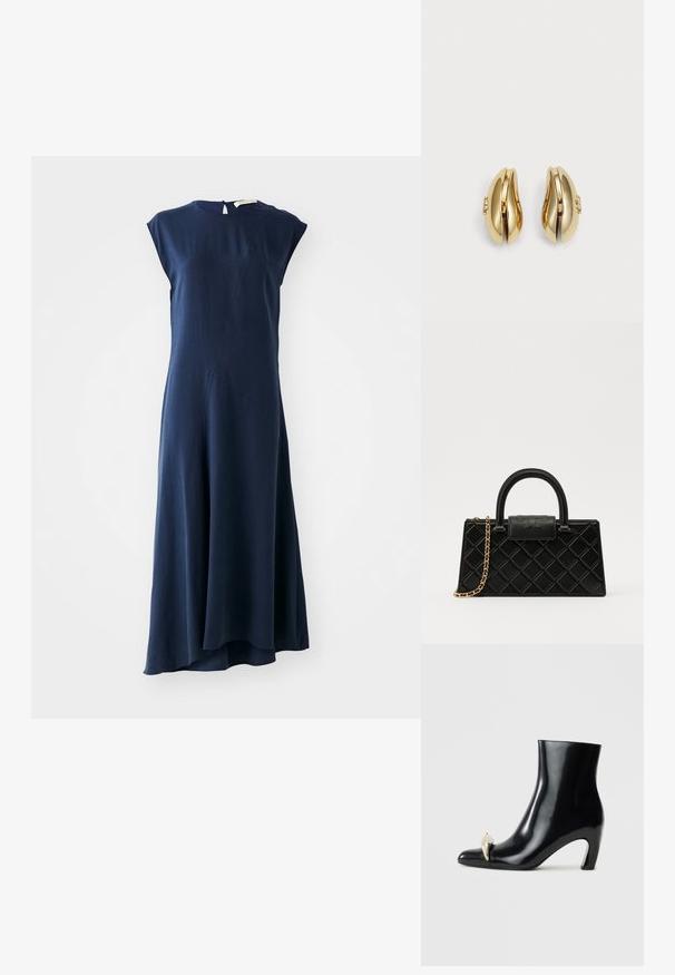 Vanessa Bruno ENEA - Robe longue - marine; Bottine noire en cuir brillant, avec un bout pointu et un accent décoratif en or et argent à l'avant. Design à talon carré.; Sac à main noir en cuir texturé, avec un motif en diamant, une sangle en chaîne dorée, et une poignée supérieure avec un rabat à fermeture logotypée.; Boucles d'oreilles en ton or avec un design fluide et courbé. Chaque boucle d'oreille présente une surface lisse et un petit fermoir avec un détail décoratif.