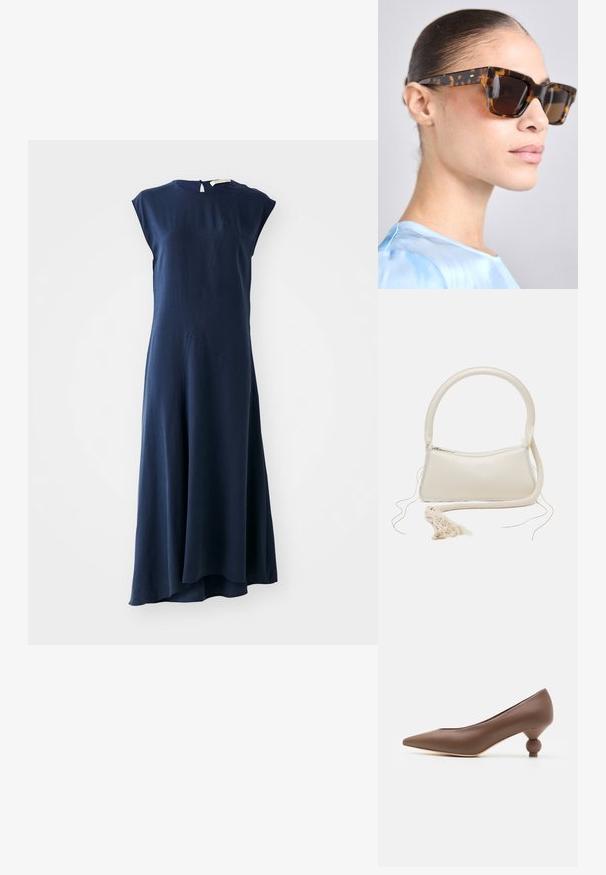Vanessa Bruno ENEA - Maksi garuma kleita - marine; Brūnas ādas kurpes ar smailu purngali un unikālu noapaļotu papēdi. Gluda tekstūra, elegants dizains un minimālistiska apdare.; Tortoiseshell saulesbrilles ar masīvu, taisnstūra formu. Tumši stikli un zelta toni akcenti pie tempļiem. Gluda, spīdīga virsma.; Krēma krāsas rokassoma ar noapaļotu rokturi, ar rāvējslēdzēju aizdari un pompa detaļu. Iezīmējas ar gludu ādas tekstūru un kontrastējošu auduma apdari.