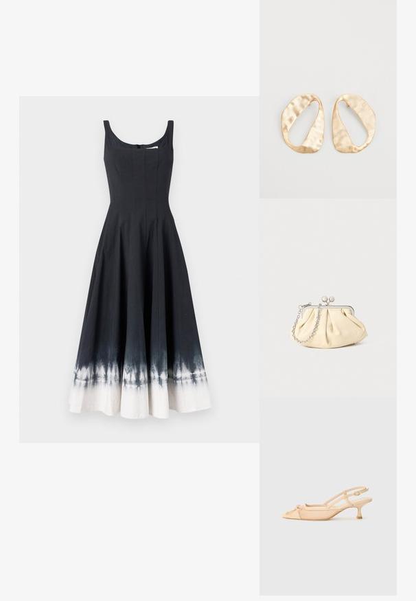 Vestido de verano de algodón negro con un corsé ajustado y una falda acampanada, que presenta un efecto ombre blanco en el dobladillo. Escote redondo y cremallera en la parte posterior.; Stuart Weitzman KITTY - Tacones - beige/barely beige; Clutch de cuero beige plisado con un marco de metal plateado, que cuenta con dos broches decorativos redondos y una correa de cadena plateada.; Un par de pendientes de metal dorado en forma de óvalo irregular con una superficie texturizada y ligeramente martillada sobre un fondo blanco.