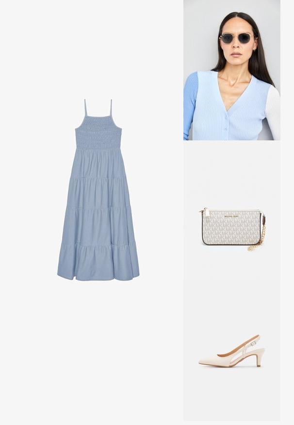 Stradivarius FLOWING STRAPPY - Maxi šaty - blue; Biele slingback topánky na podpätku s ostrou špičkou, hladkým vrchným materiálom, nízkym blokovým podpätkom a bočným výrezom s nastaviteľným remienkom na pracku.; Okrúhle slnečné okuliare s tmavými šošovkami a zlatým rámom. Modelka má na sebe svetlomodrý pletený kardigán s gombíkmi a bielymi rukávmi v kontraste.; Michael Kors zápästná taška v béžovej potiahnutej plátenej tkanine s opakujúcim sa vzorom loga MK, zlatým kovania a odnímateľným reťazovým popruhom.