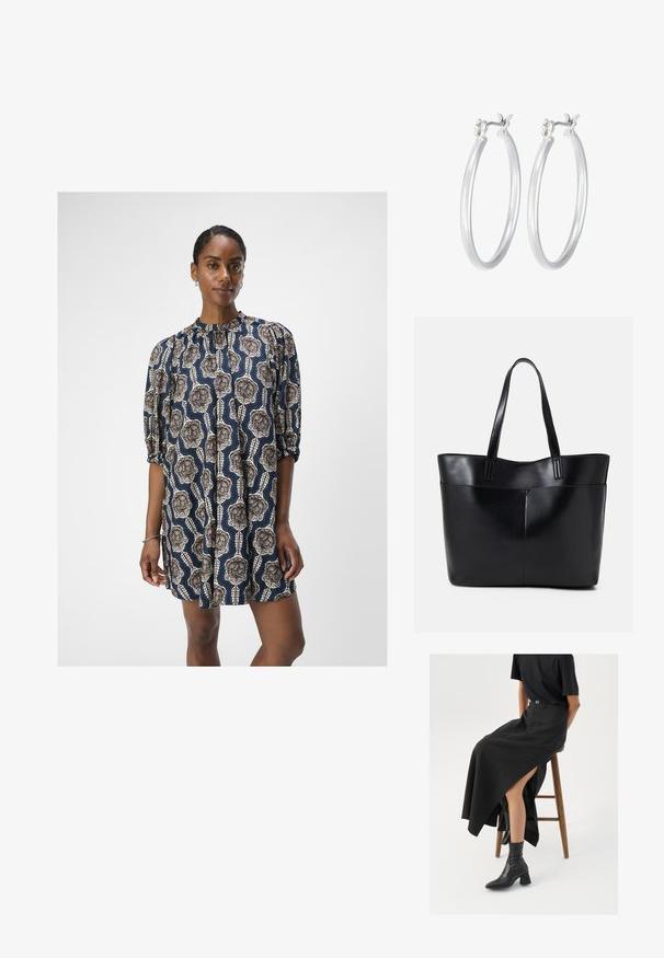 Object OBJEMMI DRESS - Denné šaty - black/white sand; Čierna ľanová maxi sukňa s vysokým rozparkom, nosená s čiernym tričkom a čiernymi členkovými čižmami. Minimalistický dizajn s voľným strihom.; Čierna kožená tote taška s dvoma dlhými rúčkami, hladkým povrchom a štruktúrovaným tvarom. Obsahuje prednú kapsu pre dodatočné uskladnenie.; Strieborné kruhové náušnice s hladkým, lesklým povrchom. Kolový tvar a bezpečné klikanie na uzatváranie. Ľahký dizajn vhodný na každodenné nosenie.