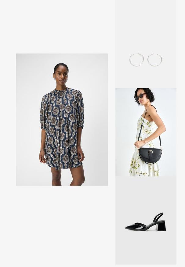 Object OBJEMMI DRESS - Rochie de zi - black/white sand; Pantofi cu toc slingback din piele lacuită neagră, cu vârf ascuțit și toc geometric. Prezintă un design elegant, minimalist și o textură netedă.; Geantă din piele neagră, cu o formă curbată, curea detașabilă și accesorii aurii. Geanta are un capac cu un detaliu tip cataramă.; Cercei din argint cu un design elegant și rotund, având o suprafață netedă și fără embellismente vizibile. Diametrul nu este specificat.