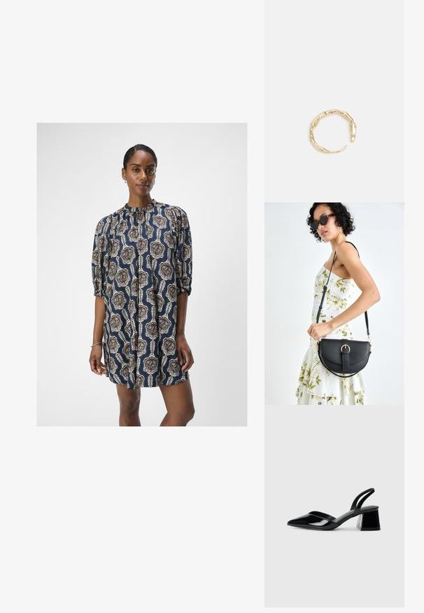 Object OBJEMMI DRESS - Kasdienė suknelė - black/white sand; Juodos lakuotos odinės šlepetės su smailiu pirštu ir geometriniu bloko kulnu. Turi elegantišką, minimalistinį dizainą ir lygų paviršių.; Juodas odinis krepšys su išlenkta forma, nuimamu dirželiu ir auksiniais detalėmis. Krepšys turi kilpą su sagtimi.; Auksinės spalvos žiedas, turintis organišką, sukimosi dizainą su lygiu paviršiumi ir siaurėjančiais galais, sukuriantis modernią skulptūrinę išvaizdą.