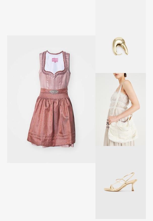 Krüger Dirndl Dirndl - braun; Zlaté metalické sandále na podpätku s tenkými kríženými popruhmi a štvorcovou špicou. Majú úzky, rozšírený podpätok a hladký povrch.; Biela látková kabelka cez rameno so zhrnutou textúrou, nastaviteľným popruhom a striebornými detailmi. Zobrazená vedľa krémových šiat.; Náušnice z kovu v zlatej farbe s elegantným, zakriveným dizajnom. Majú charakteristický špicatý tvar, leštený povrch a uzáver na pánt.