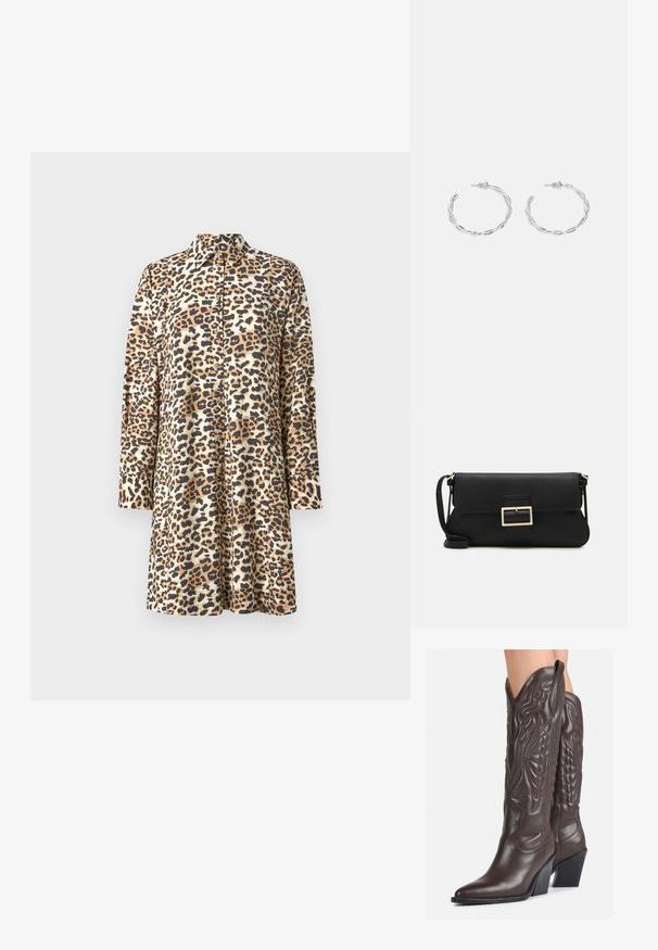 Vestito camicia a stampa leopardata in tonalità beige e marrone, dotato di colletto, maniche lunghe e chiusura a bottoni, con una vestibilità morbida.; Stivali da cowboy in pelle marrone con punta affusolata e tacco a blocco, caratterizzati da dettagliati ricami e accenti rialzati sul gambale.; Borsa a mano in pelle nera con patta e dettaglio in metallo dorato. Include una tracolla nera e un design elegante e minimalista.; Orecchini a cerchio in argento con un design torciglionato, caratterizzati da una finitura lucida e chiusura a perno. Misurano circa 3 cm di diametro.