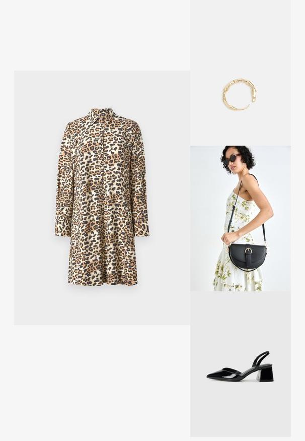 Hnedo-bežové šaty s leopardím vzorom, s golierom, dlhými rukávmi a gombíkovým zapínaním v uvoľnenom strihu.; Čierne lakované kožené sandálové podpätky s špicatou špičkou a geometrickým blokovým podpätkom. Disponujú elegantným, minimalistickým dizajnom a hladkým povrchom.; Čierna kožená kabelka s zaobleným tvarom, odnímateľným popruhom a zlatými doplnkami. Kabelka má klopu s detailom s prackou.; Prsteň v zlatej farbe s organickým, skrúteným dizajnom, hladkým povrchom a zužujúcimi sa koncami, vytvárajúci moderný, sochársky vzhľad.