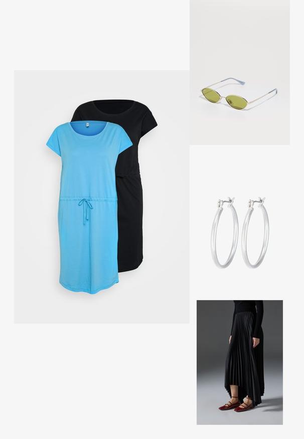 Divi īsām piedurknēm tērpi, viens gaiši zils un otrs melns. Abiem ir apaļa kakla izgriezuma forma un regulējams saistošs jostasvieta.; Melna plisēta kleita ar augstu priekšpusi un zemāku aizmuguri, saskaņota ar spīdīgām sarkānām dzīvokļa kurpēm ar siksnu dizainu. Audumam ir gluda tekstūra.; Olīvu zaļi saulesbrilles ar plānu zelta rāmi un zila akcenta kājām. Ovali lēcas un minimālisma dizains.; Sudraba riņķveida auss gredzeni ar gludu, pulētu apdari. Apaļa forma un drošs klikšķa augšējais slēgums. Viegls dizains, kas piemērots ikdienas valkāšanai.