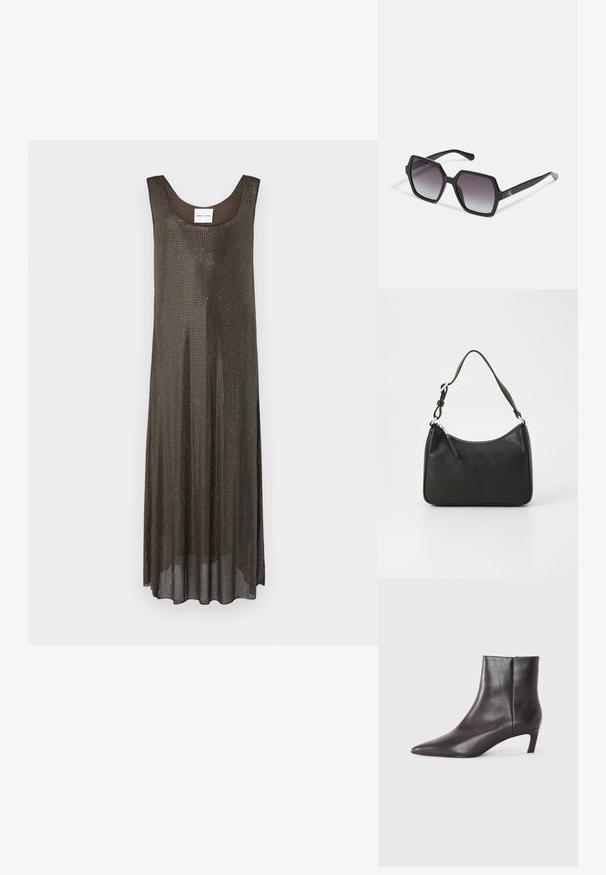 Ujjatlan sötétbarna maxi ruha, laza szabással és apró fémes pöttyökkel, fehér háttéren bemutatva.; Fekete bőr bokacsizma hegyes orral és alacsony, macskaként hivatkozott sarkával, sima felülettel, oldalsó cipzárral, semleges háttér előtt bemutatva.; Fekete, hatszögletű napszemüveg, fokozatosan sötétedő lencsékkel, fényes felülettel és diszkrét logóval a szárán. Tartós műanyagból készült.; Fekete bőrtáska ívelt formával, egyetlen pánttal, cipzáras záródással és diszkrét logóval az elején. Simább textúra, minimalista dizájn.