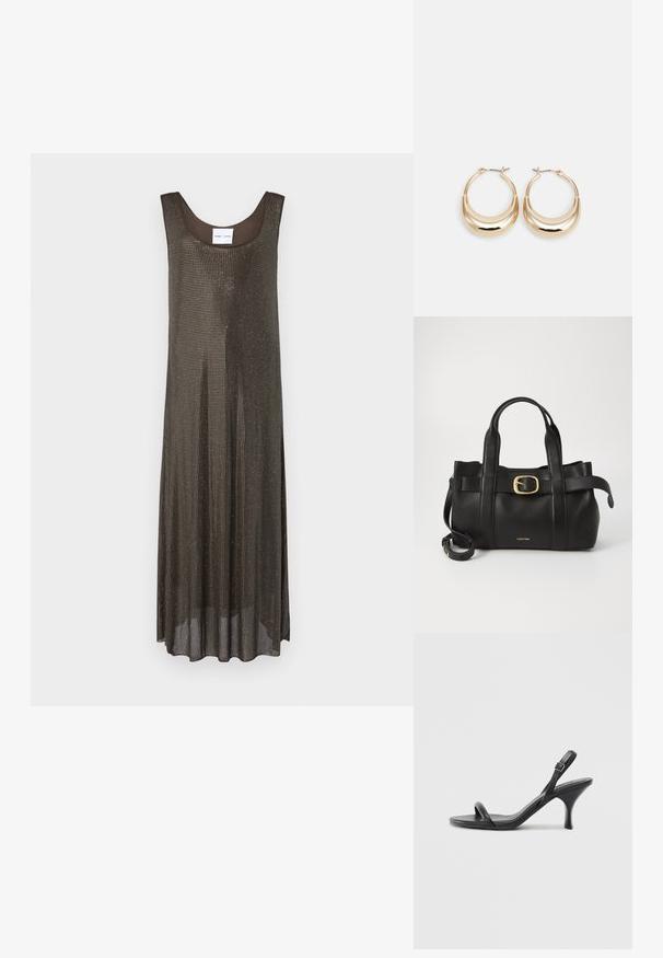Melna brīva maxi kleita bez piedurknēm ar vaļīgu piegriezumu un mazu metāla punktu rakstu visā apģērbā, attēlota uz baltā fona.; Melnas ādas augstpapēžu sandales ar plānu, izliekta formas papēdi un krustenisku siksnu dizainu. Regulējama potītes siksna. Gluda tekstūra.; Melnas ādas rokassoma ar strukturētu dizainu, divām augšējām rokturām, zelta toņa sprādzes akcentu un iegravētu zīmola logo priekšpusē.; Zelta tonis apļveida auskari ar pusmēness formu, pulētu virsmu un lūka aizdari. Gluda tekstūra un spīdīga apdare uzlabo redzamību.