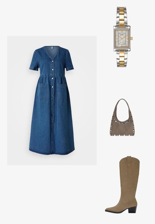 Jeans obleka z V-izrezom, kratkimi rokavi, sprednjim zapiranjem na gumb, zategnjenim pasom in dvema sprednjima žepoma. Temno modra barva z gladko teksturo.; Biege suknje do kolen iz nubuk kože z ostrim nosom, nabranim peto in šivanim detajlom ob straneh. Gladka tekstura in strukturiran dizajn.; PULL&BEAR SHOPPER  - Torba za nakupovanje - grey; Casiojeva kvartsna ura s pravokotno srebrno številčnico, z zlatimi poudarki in dvobarvnim kovinskim pasom v srebrni in zlatem. Ima vodoodporno funkcijo.