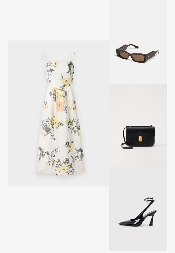 Witte jurk met bloemborduurwerk, voorzien van gele scalloped randen, spaghettibandjes en een getailleerde lijfje dat uitloopt in een uitlopende rok.; Zwarte gepatenteerde leren slingback pumps met een spitse neus, verstelbare enkelband en een gematigd blokhak. Gladde textuur met een glanzende afwerking.; Gucci zonnebril met rechthoekige bruine lenzen, schildpad-acetaat montuur en gouden logo-details op de tempels.; Zwarte leren handtas met een gestructureerde rechthoekige vorm. Voorzien van een gouden ovale sluiting en een dunne schouderband. Glad van textuur.