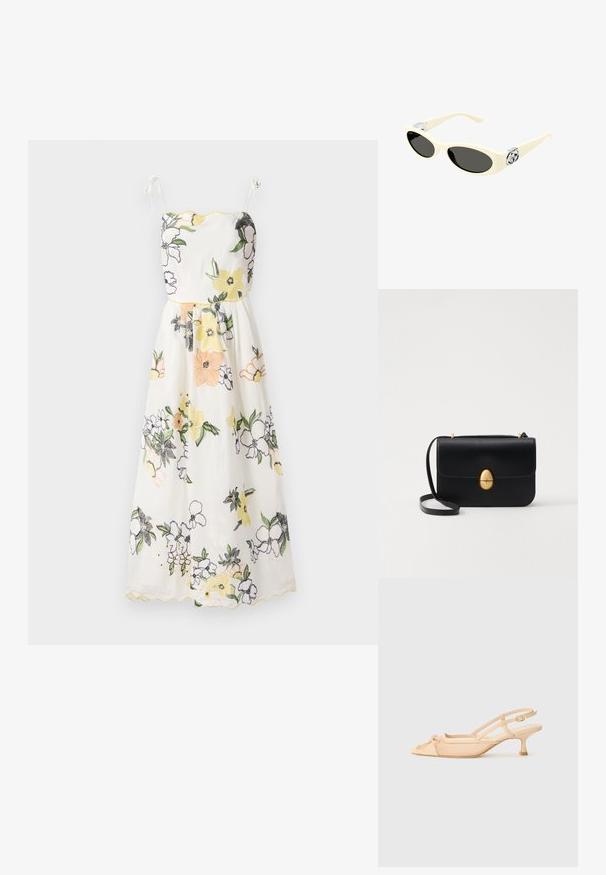 Vestido bordado com flores em tecido branco, com bordas amarelas em forma de concha, alças finas e um corpete justo que se abre em uma saia rodada.; Stuart Weitzman KITTY - Saltos clássicos - beige/barely beige; Óculos de sol cor creme com lentes ovais, tonalidade preta e detalhes em metal no templo. Textura suave, design em formato de gato.; Bolsa de mão em couro preto com uma forma rectangular estruturada. Apresenta um fecho oval dourado e uma alça para o ombro fina. Textura suave.