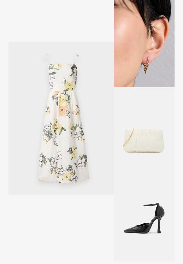 Vestido de tela blanca bordado con flores, con bordes amarillos en forma de olas, tirantes finos y un cuerpo ajustado que se despliega en una falda acampanada.; Zapato de tacón alto negro con un acabado brillante, punta afilada, tira en el tobillo y un tacón de aguja esculpido. Textura suave y diseño elegante.; Bolso de mano texturizado blanco con un diseño fruncido, que cuenta con una cadena dorada. Acabado liso con suaves ondas y bordes redondeados.; Pendiente de aro dorado con un diseño orgánico y fluido que presenta acentos texturizados y un acabado suave, llevado en una oreja perforada.