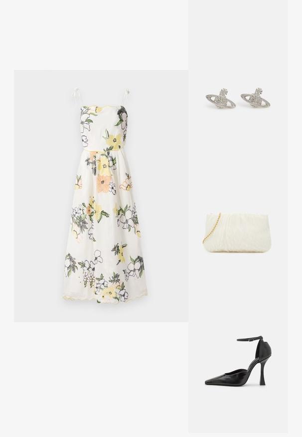 Fehér anyagú, virágmintás hímzett ruha, sárga ívelt szegéllyel, spagettipántokkal és egy testhezálló felsőrésszel, mely egy bővülő szoknyába áramlik.; Fekete magassarkú pump, fényes felülettel, hegyes orral, bokapánttal és formázott stiletto sarkal. Simább textúrájú és modern dizájnú.; Fehér, textúrált kistáska gyűrött dizájnnal, arany lánc pánttal. Simító felület finom hullámokkal és lekerekített élekkel.; Ezüst fülbevalók, amelyek Szaturnusz formájúak, textúrázott bolygóval és gyűrűvel díszítve, apró, tiszta kristályokkal és masnis fülbevalóval.