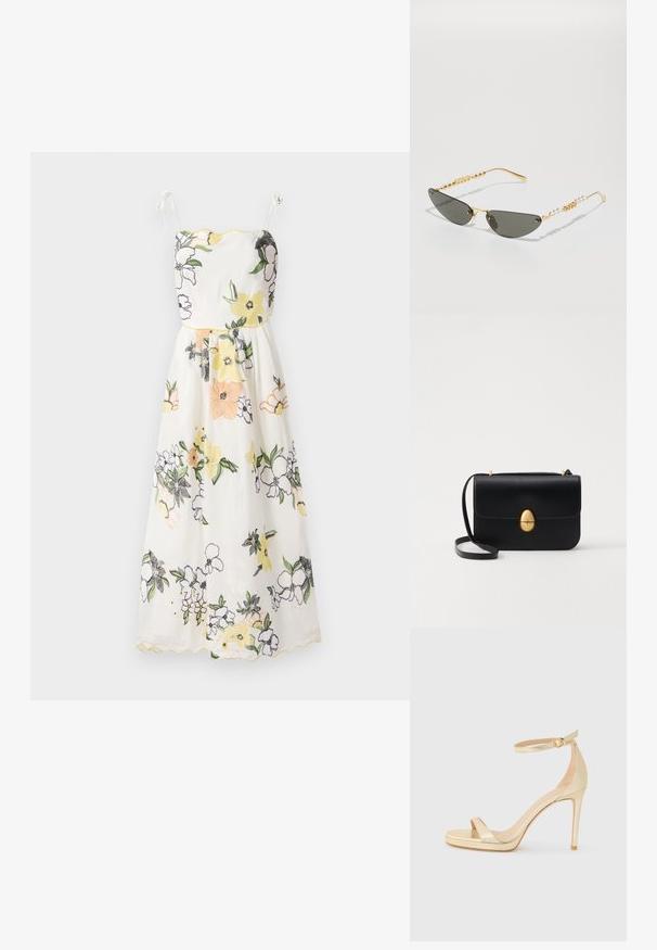 Fehér anyagú, virágmintás hímzett ruha, sárga ívelt szegéllyel, spagettipántokkal és egy testhezálló felsőrésszel, mely egy bővülő szoknyába áramlik.; Arany fémes, magas sarkú szandál nyitott orral, bokapánttal és csattal, valamint emelt talppal a magasabb magasságért. Simaság érzet.; Arany keretes napszemüveg sötétszürke lencsékkel. Egyedi macskaszem forma. A szárakon váltakozó arany gyöngyök és gyöngy díszek találhatók.; Fekete bőr kézitáska, struktúrált, téglalap alakú formával. Arany ovális kapoccsal és vékony vállpánttal rendelkezik. Sima textúrájú.