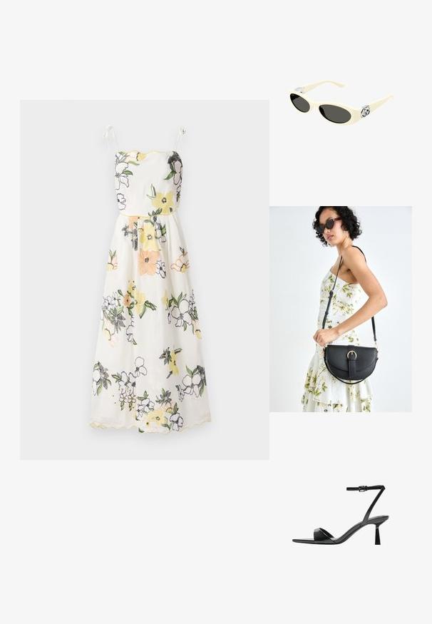 Fehér anyagú, virágmintás hímzett ruha, sárga ívelt szegéllyel, spagettipántokkal és egy testhezálló felsőrésszel, mely egy bővülő szoknyába áramlik.; Bershka Magas sarkú szandálok - black; Krém színű napszemüveg ovális lencsékkel, fekete árnyalattal és fémszínezésű logóval a templomoknál. Sima textúra, macskaszem forma.; Fekete bőrtáska ívelt formával, levehető pánttal és arany színű fémrészekkel. A táskán egy csattal díszített fedél található.