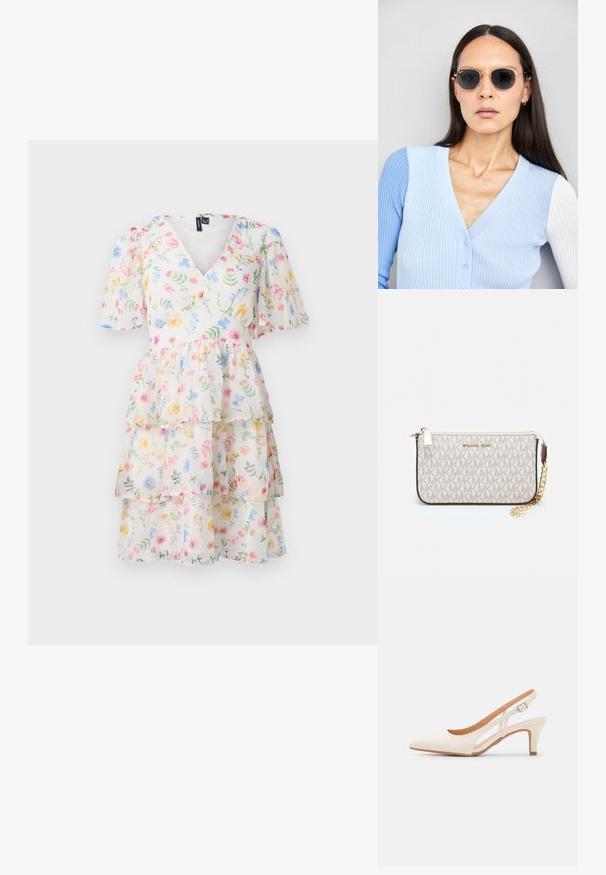 Nusileidžiantis gėlių suknelė su V formos dekolte, trumpomis puff rankovėmis ir lengvu, skaidriu audiniu, išmargintu daugiaspalvėmis gėlių raštais.; Balti slingback kulniukai su smailiu pirštu, lygia viršutine medžiaga, žemu blokuotu kulnu ir šoniniu išpjovimu su reguliuojamu sagtimi.; Apskriti saulės akiniai su tamsiais objektyvais ir auksiniais rėmeliais. Modelis vilki šviesiai mėlyną, raukinį kardiganą su mygtukais ir kontrastingomis baltomis rankovėmis.; Michael Kors rankinė smėlio spalvos dengto kanvoje su pakartotiniu MK logotipo raštu, auksinėmis detalėmis ir nuimamu grandininiu dirželiu.