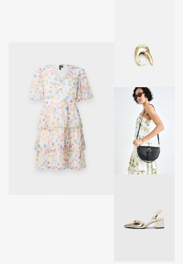 Lagdelt floral kjole med viftekant, korte pufferm og et lett, gjennomsiktig stoff med flerfargede blomster mønster gjennom hele.; Gull, metallisk slingback-hæler med spiss tå og chunky hæl. Glatt tekstur, minimalistisk design og en smal stropp.; Svart lærveske med en buet form, avtagbar stropp og gullbeslag. Vesken har et klaff med spenne-detall.; Gullfarget metalløredobber med et elegant, buet design. Har en karakteristisk spiss form, polert overflate og hengsel-lukking.